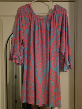 Cezanne Boutique Blue and Coral Patterned Midi Dress